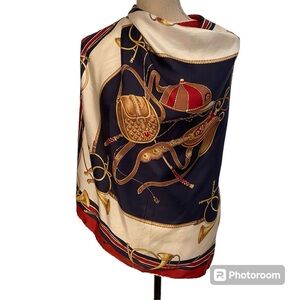 LUCIANO ITALY SCARF SILK SQUARE EQUESTRIAN HORSE RED CREAM BLACK GOLD VINTAGE